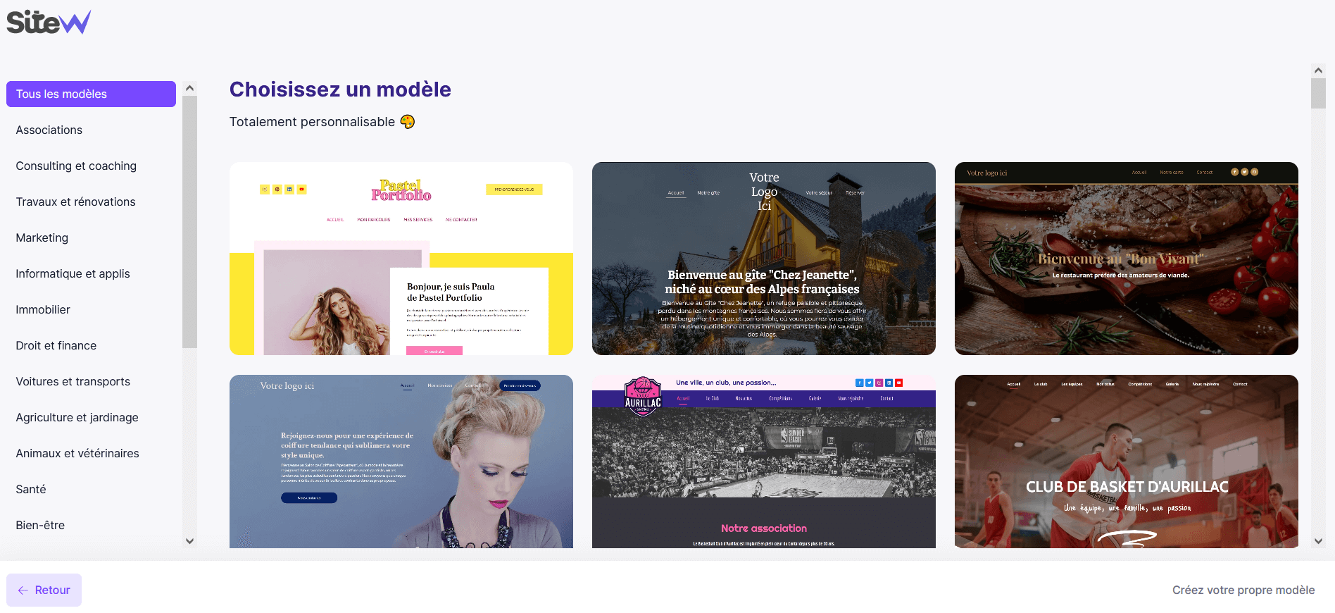 Modèles de sites prédéfinis et personnalisables SiteW