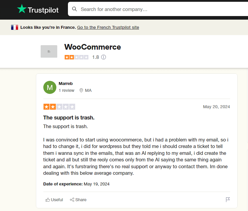 Avis clients WooCommerce sur Trustpilot