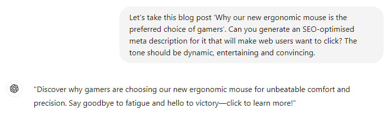 Example of the use of AI: Meta description of a blog post