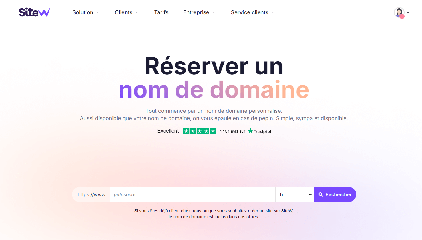 Réservation d'un nom de domaine sur SiteW