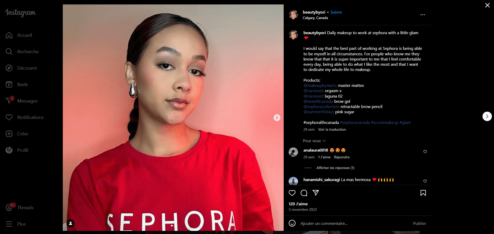 Publications de la marque Sephora sur Instagram