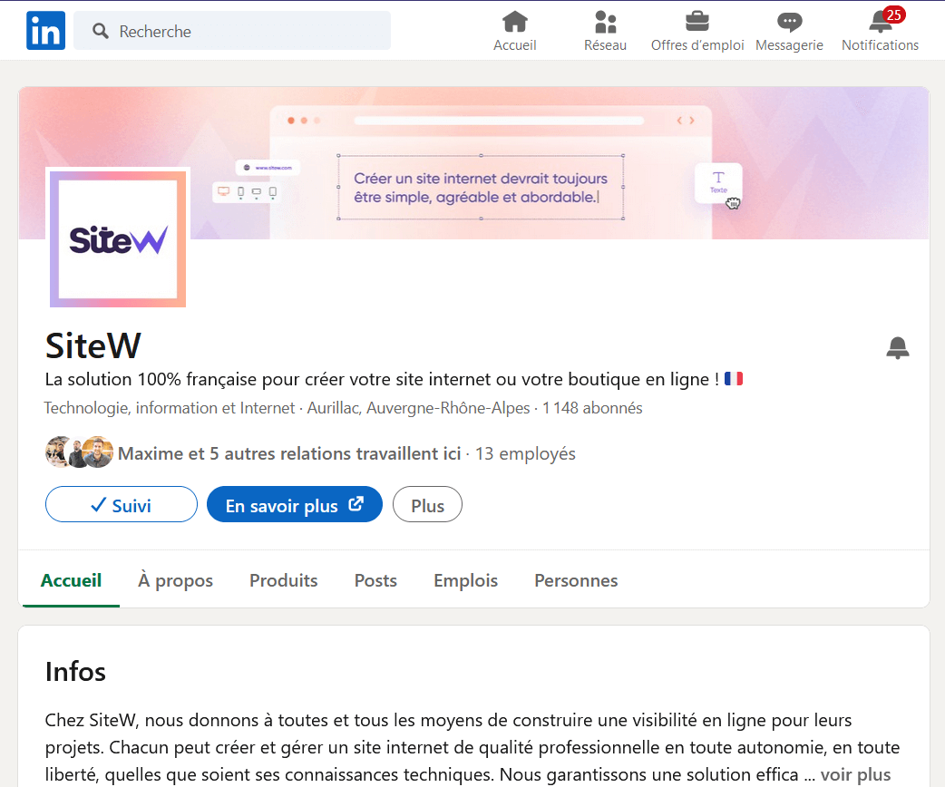 Profil LinkedIn de l'entreprise SiteW