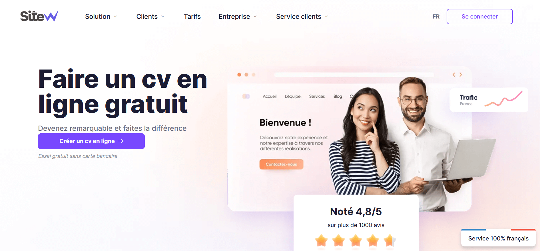 Page d'accueil de SiteW pour créer un CV en ligne