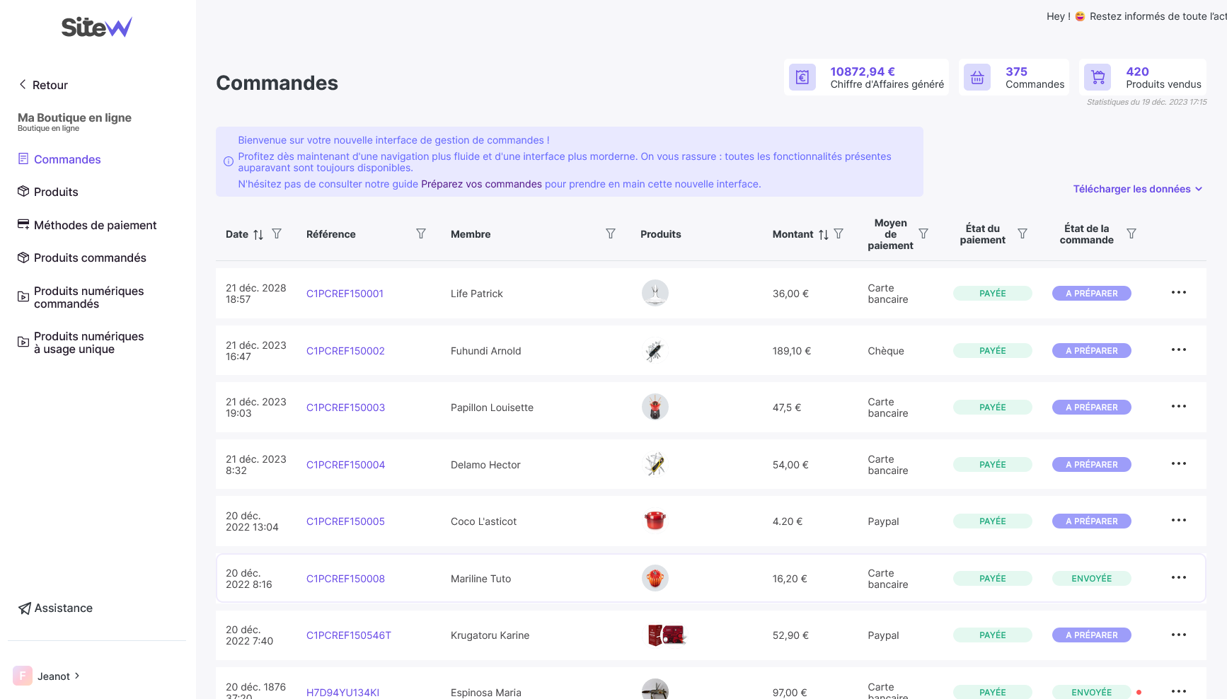 Tableau de commandes dans SiteW