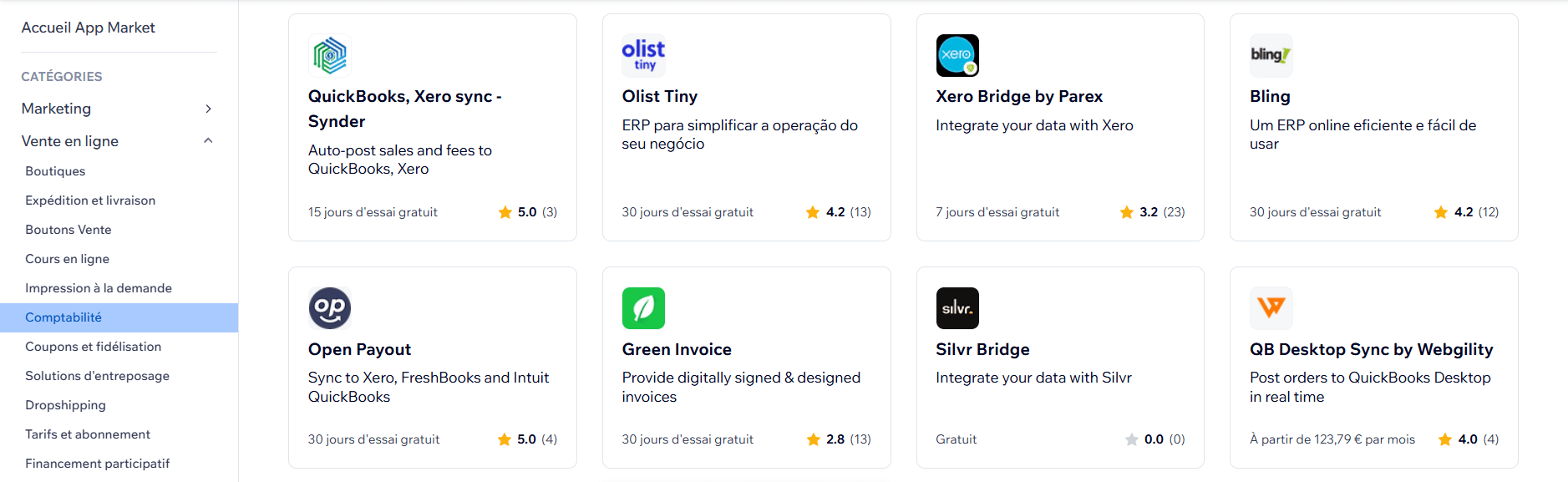 Applications proposées par Wix