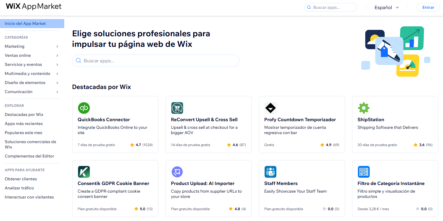 Mercado de aplicaciones de Wix