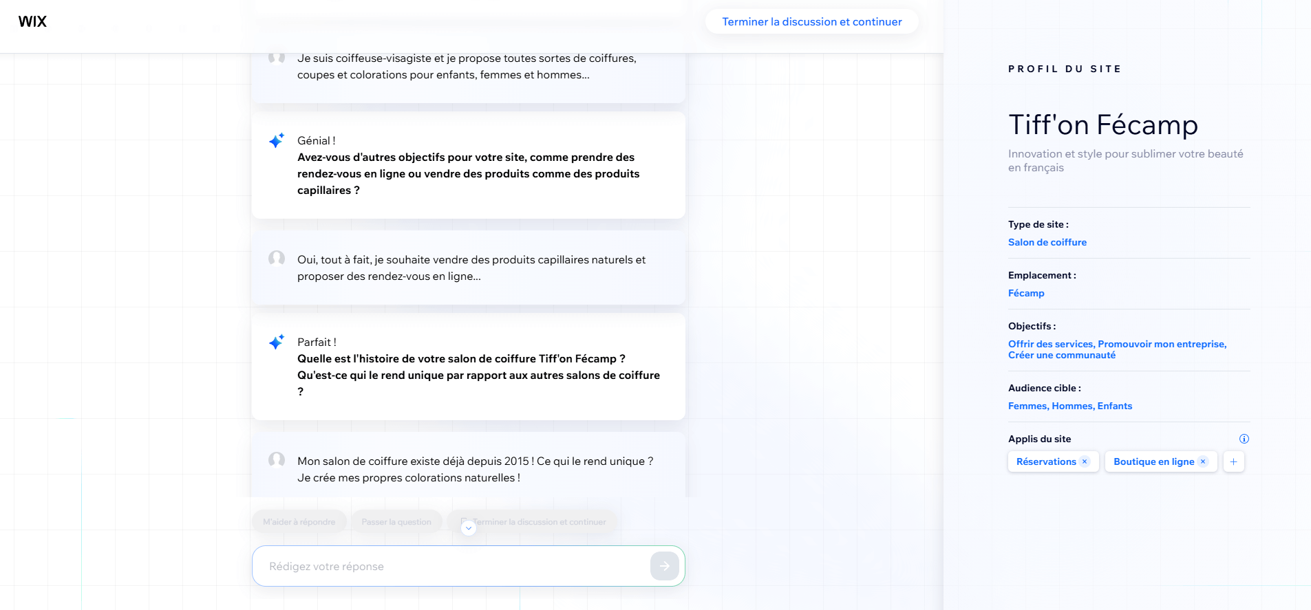 Conversation avec l'IA de Wix